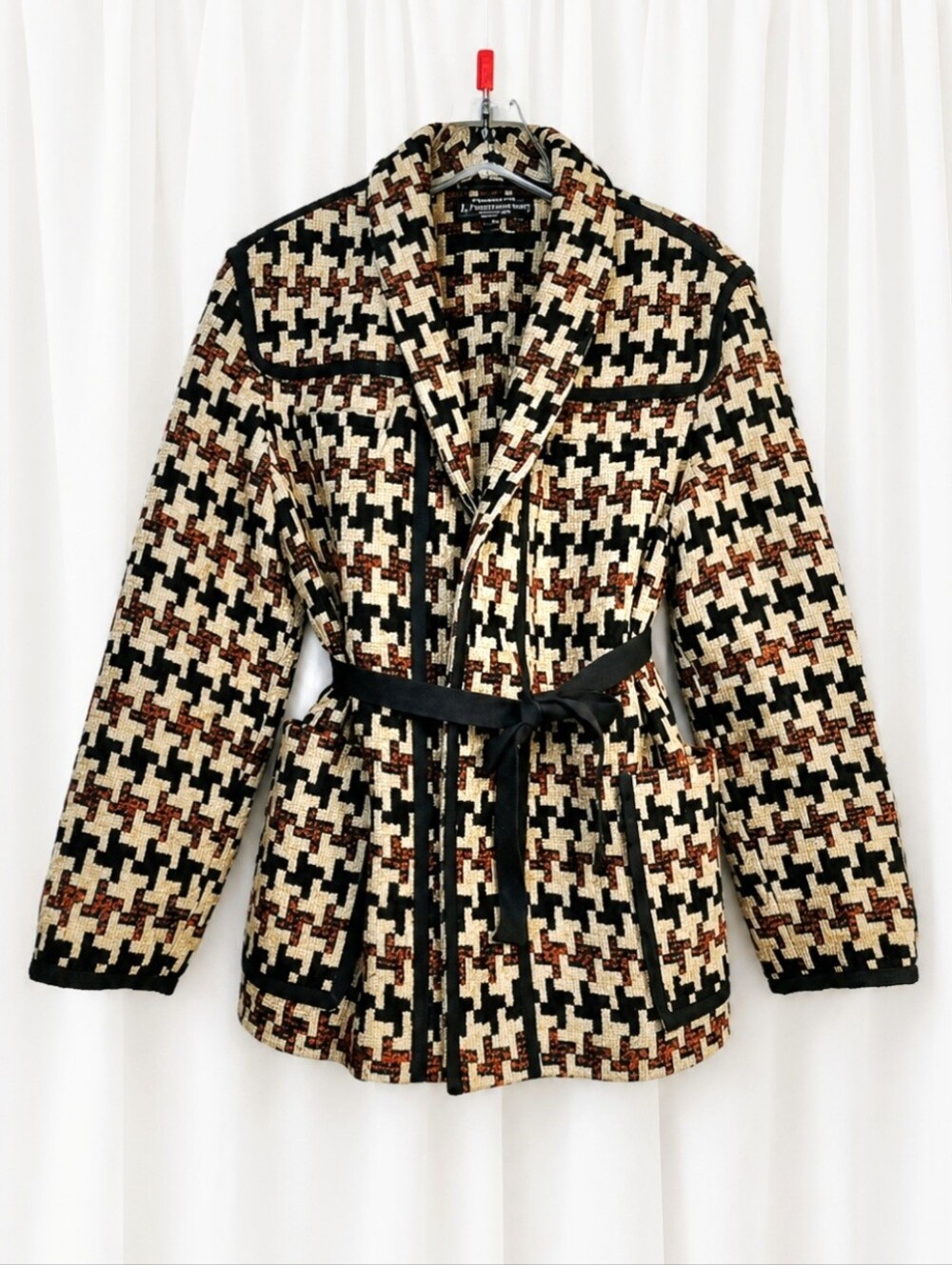 J. Peterman Belted Houndstooth Wool Blend Rust Black Classic Chic Heritage Coat